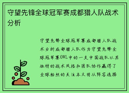 守望先锋全球冠军赛成都猎人队战术分析