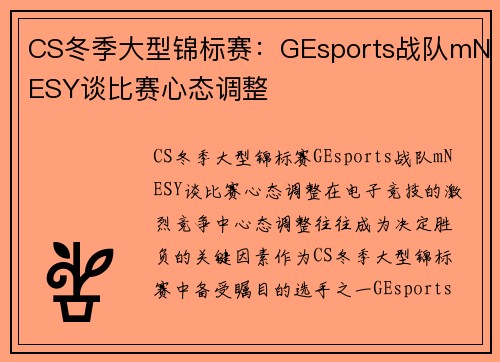 CS冬季大型锦标赛：GEsports战队mNESY谈比赛心态调整