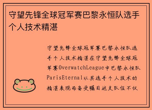 守望先锋全球冠军赛巴黎永恒队选手个人技术精湛